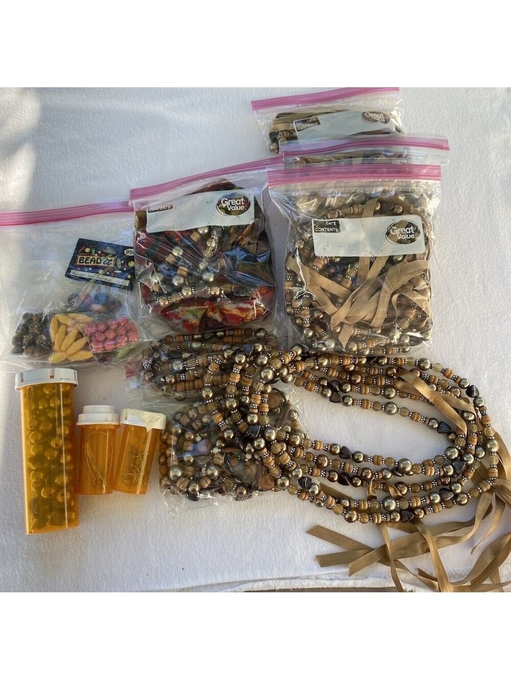 Beads, Beads, Beads! Mixed Lot, Cool Stuff! Beaded Gold Tone Necklaces, Bead Bag